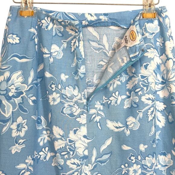 VTG Pencil Maxi Skirt 6 Blue Floral Linen Preppy Grandmillennial Coastal Chic - Picture 4 of 11